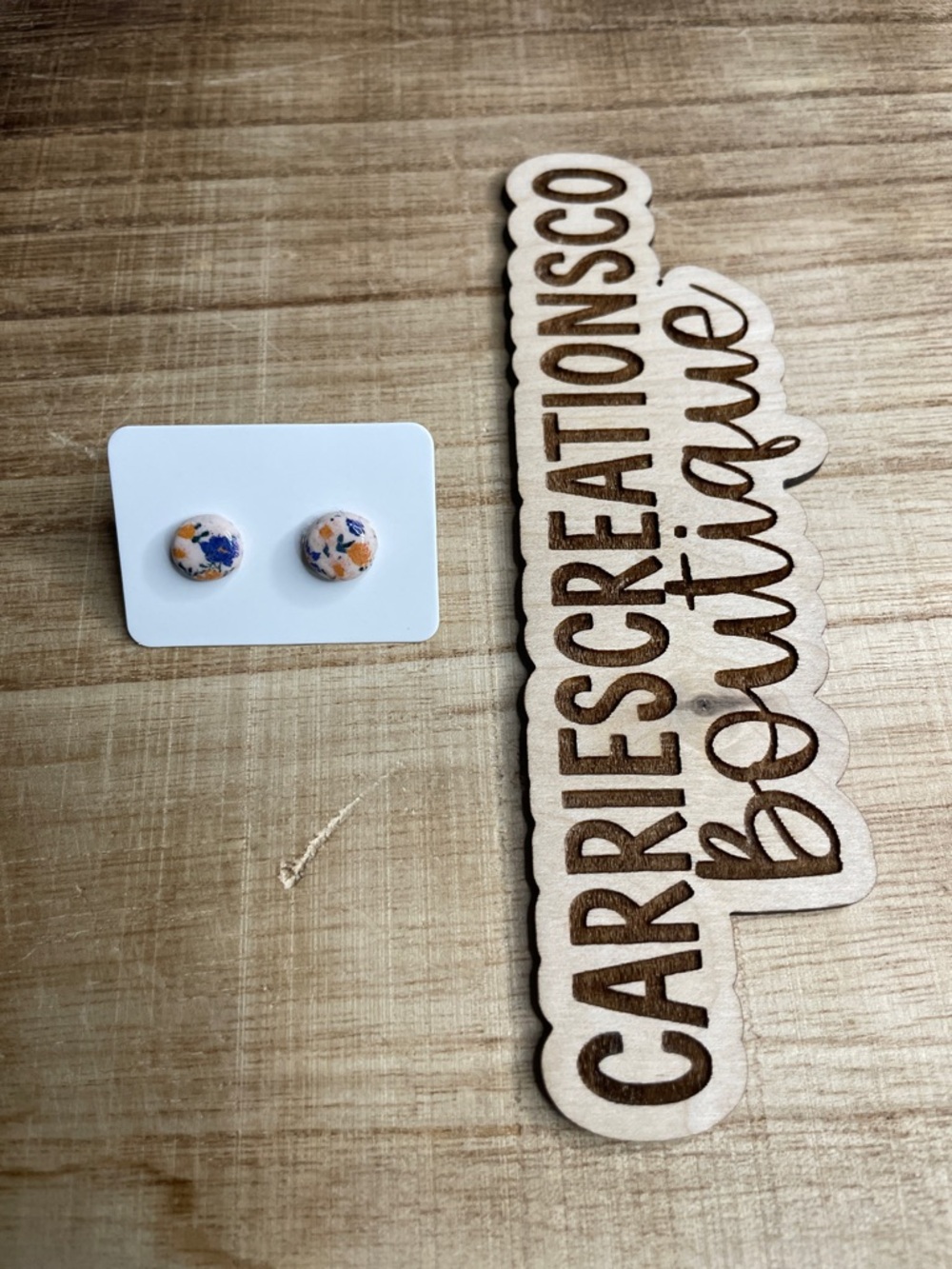Floral Round Button Earrings — White, Blue & Orange
